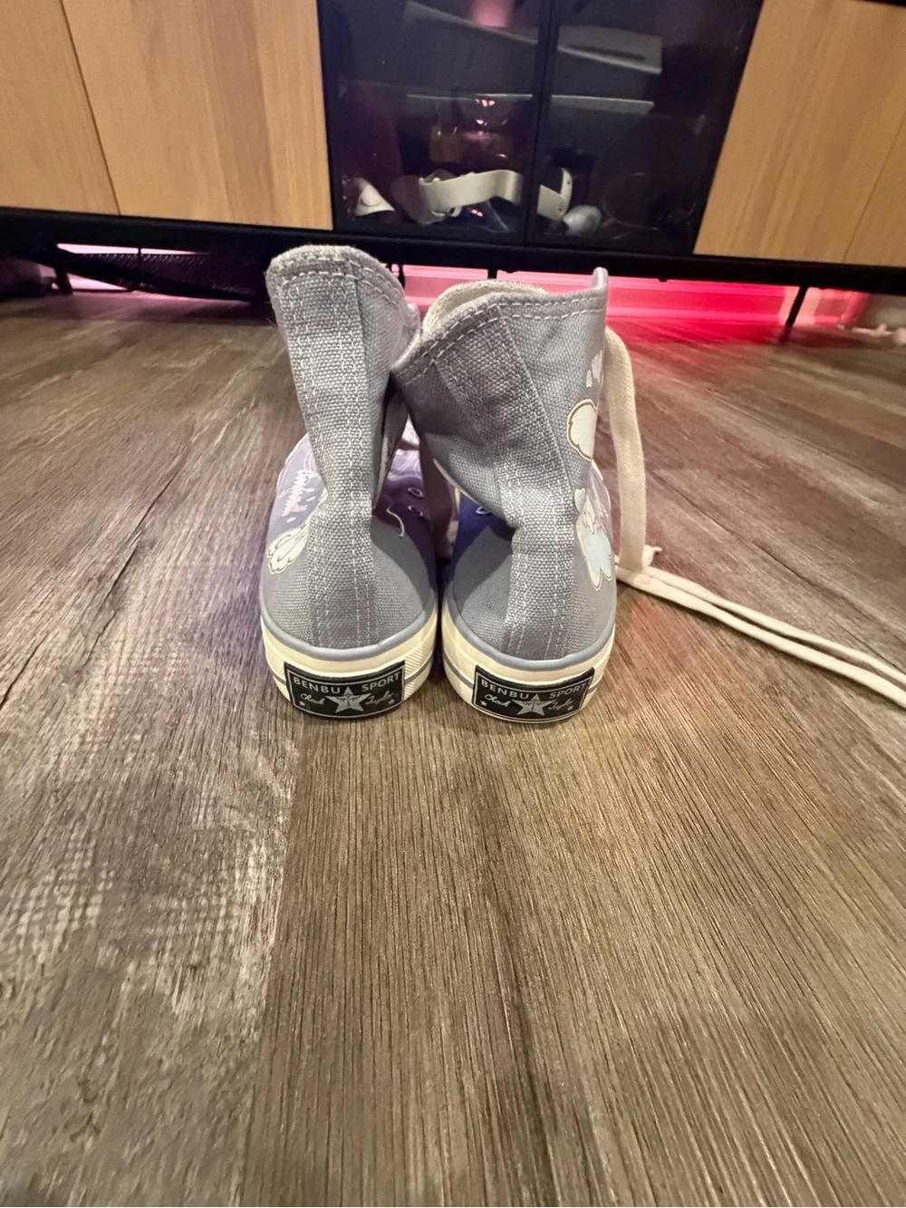 Canvas High-Top Sneakers in Light Gray with Character Print